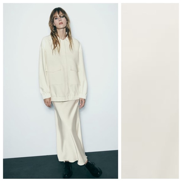 NWT. Zara Oyster White Long Bomber Jacket with Patch Pockets. Size XS. - Picture 2 of 10